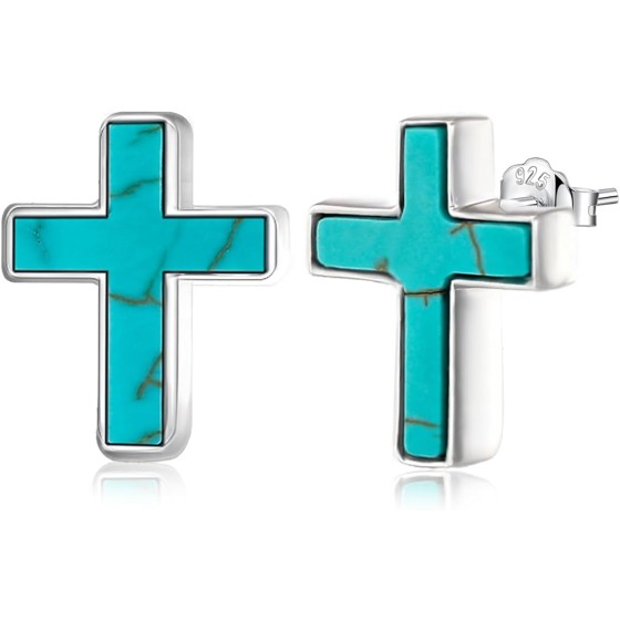Real Turquoise Cross Earrings Stud for Women 925 Sterling Silver Genuine Green Gemstone Earring Jewelry for Her Wife Sister Mom