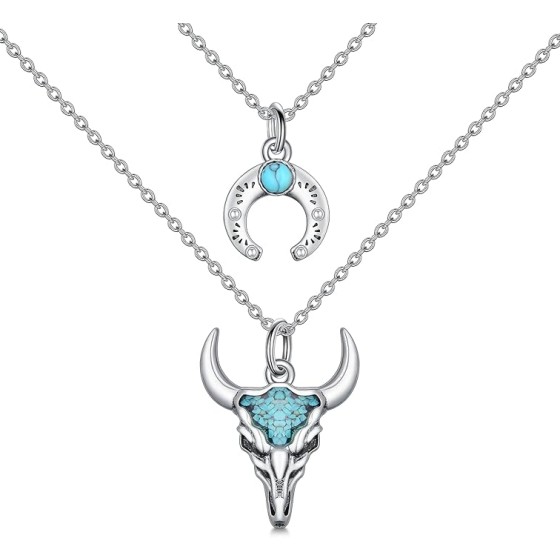 Cowgirl Necklace Sterling Silver Moon Bull Head Layered Necklace for Women Western Jewelry Gift for Women Cowgirl Accessories