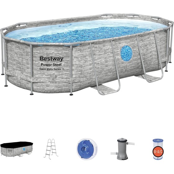 Bestway Power Steel Swim Vista Series II 14' x 8'2" x 39.5" Above Ground Pool Set, 14' x 8' x 40", Grey Stone