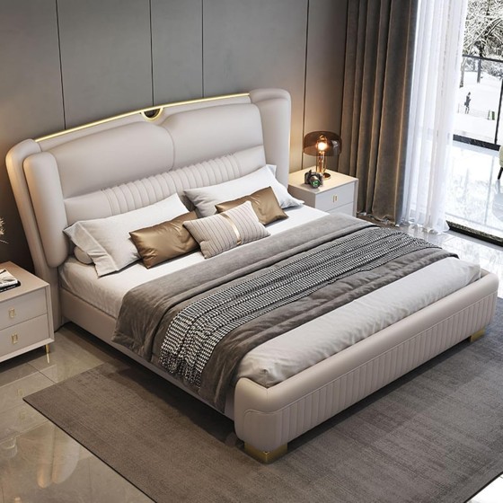 OUDINI Leather Double Bed Modern Storage Platform Bed Frame Queen Bed Frame Upholstered Platform Bed No Box Spring Needed