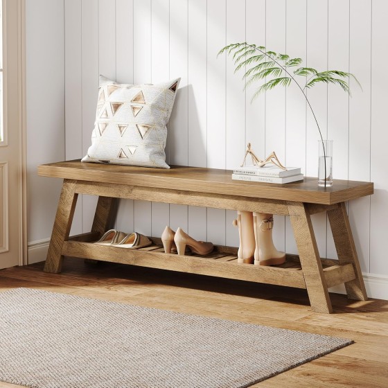 Tribesigns 55" Wood Entryway Bench with Shoe Storage, Large 2-Tier Narrow Hallway Foyer Seating Bench with Open Shelves for Entryway, Bedroom, Mudroom