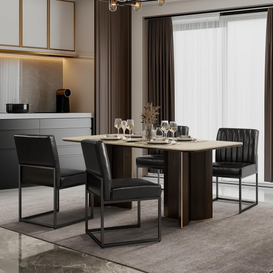 Modern Dining Chairs Set of 6, Leather Dining Room Chairs Upholstered Mid Century Armless Guest Side Chair with Black Base, Industrial Black 6PCS