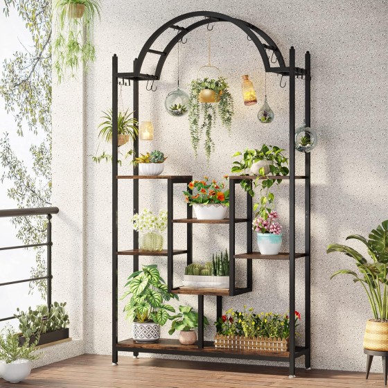 Tribesigns 5-Tier Tall Indoor Plant Stand, 74.8'' Arched Metal Flower Shelf with Hanging Hooks, Large Bonsai Pots Display Rack for Indoor, Balcony, Living Room