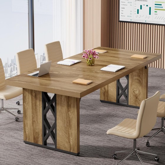 Tribesigns 6 ft Long Conference Table, 70.87" W x 31.5" D Office Conference Room Table with Strong Metal Legs, Rectangle Meeting Seminar Desk for Business Boardroom, Brown & Black